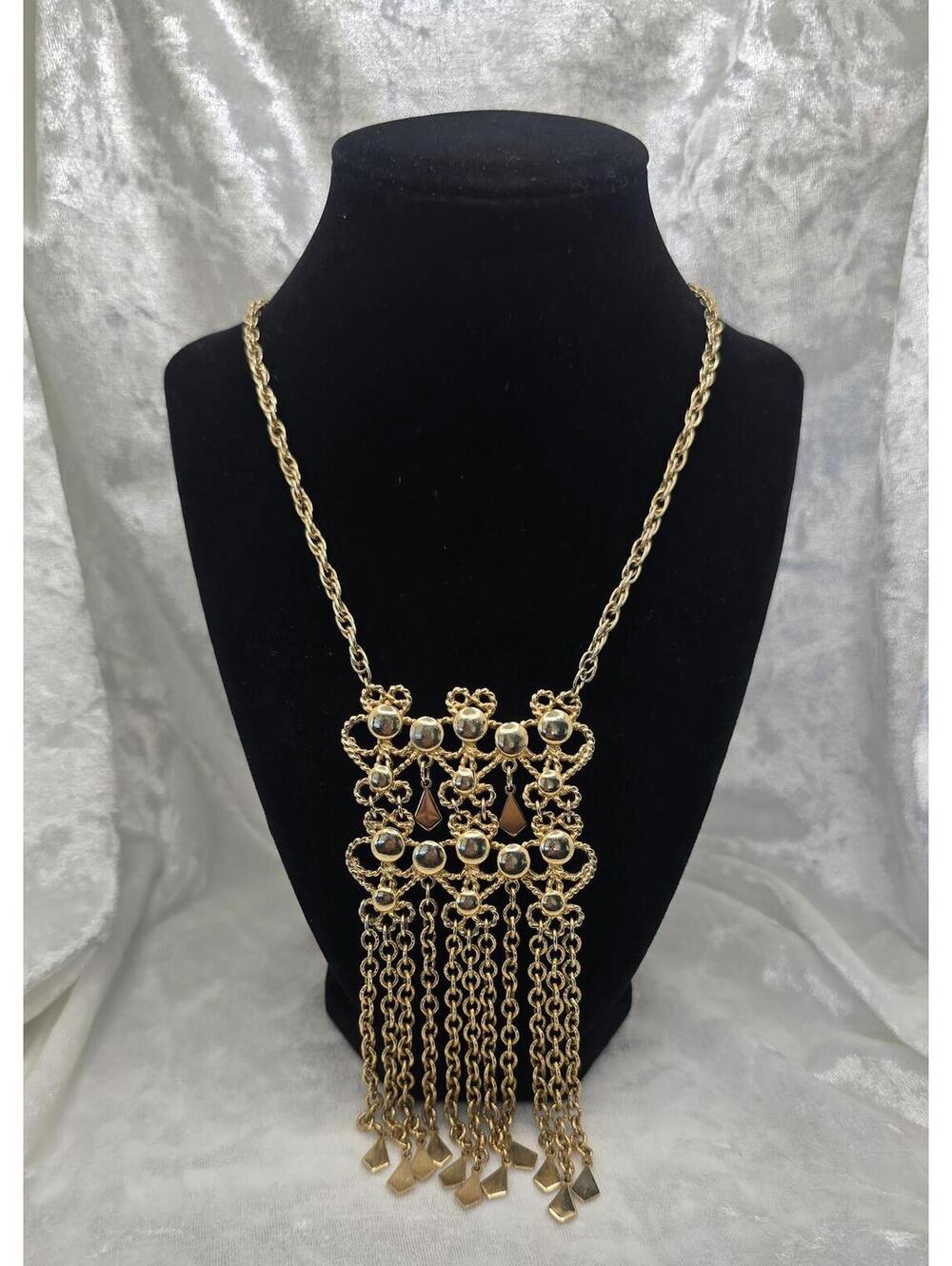 Vintage Style Gold Tone Fringe Statement Necklace 20" Boho Glam Openwork Bib